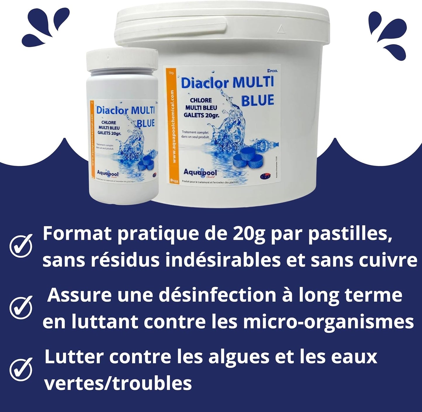 Chlore Multi Actions Bleu Pastilles 20G - 1KG et 5KG