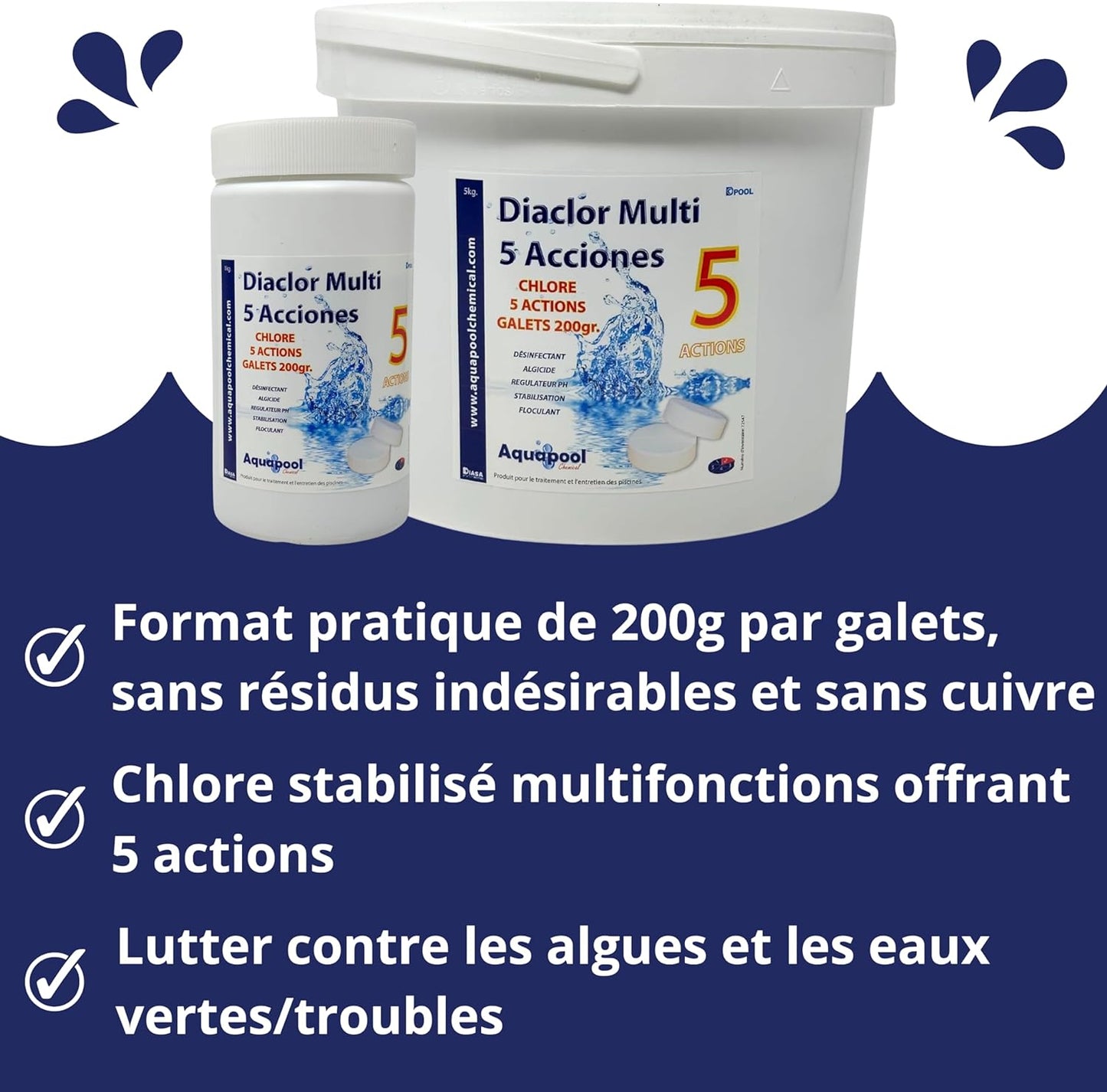 Chlore 5 Actions - Galets 200G - 1KG et 5KG